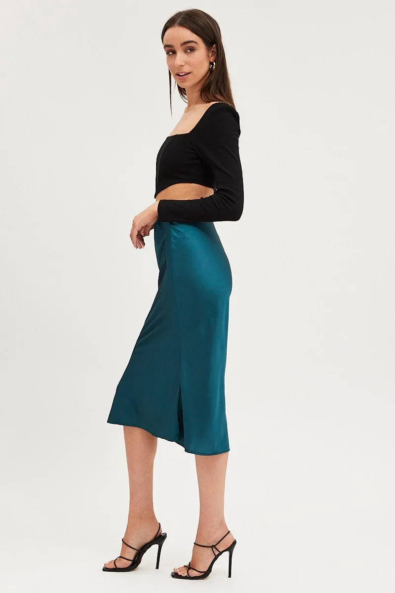 Blue Slip Skirt Midi Satin Adjustable Waist Soft Focus