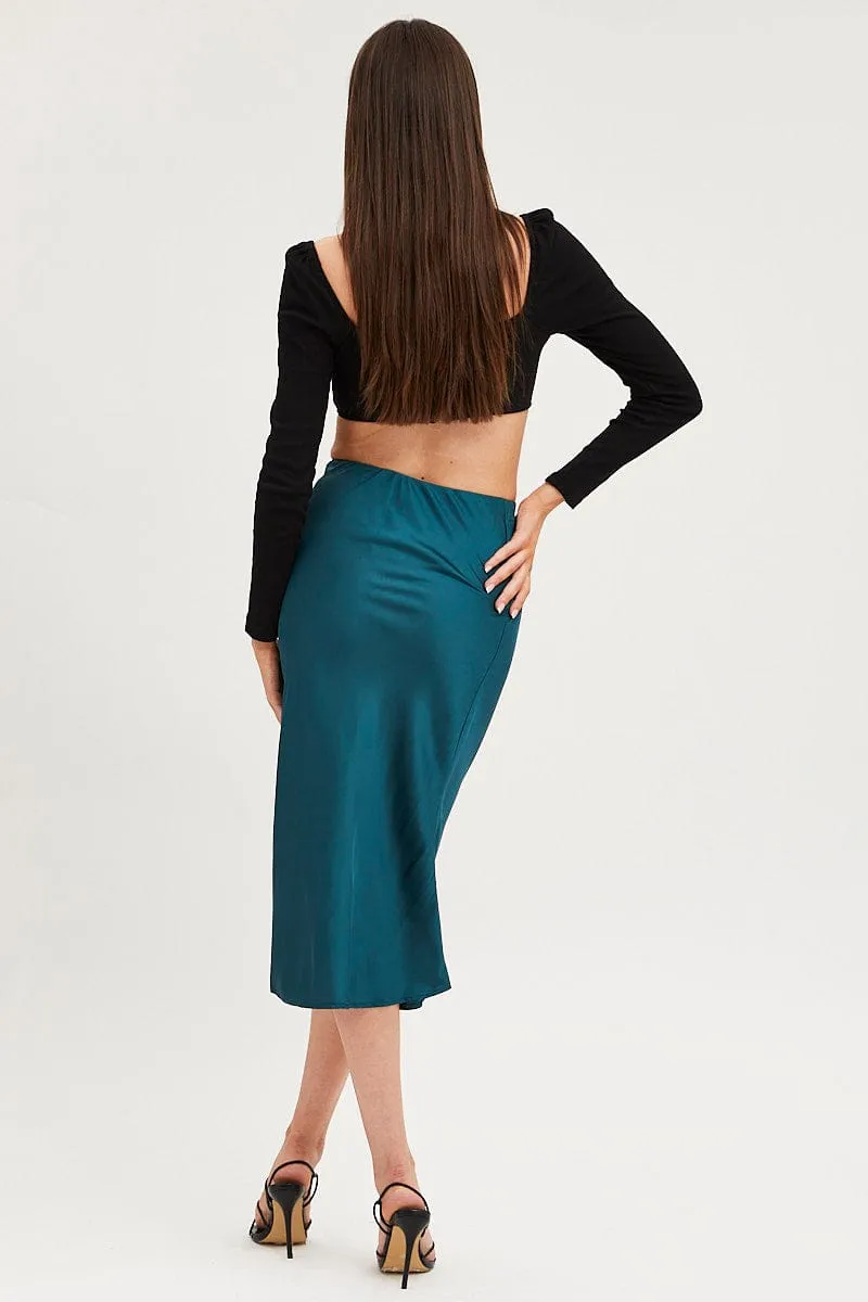 Reinforced Seams Cozy Vibe Blue Slip Skirt Midi Satin