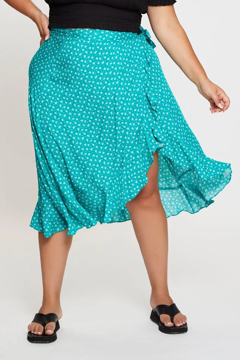 Floral Print Midi Skirt Ruffle Hem muted tone Tiered Design