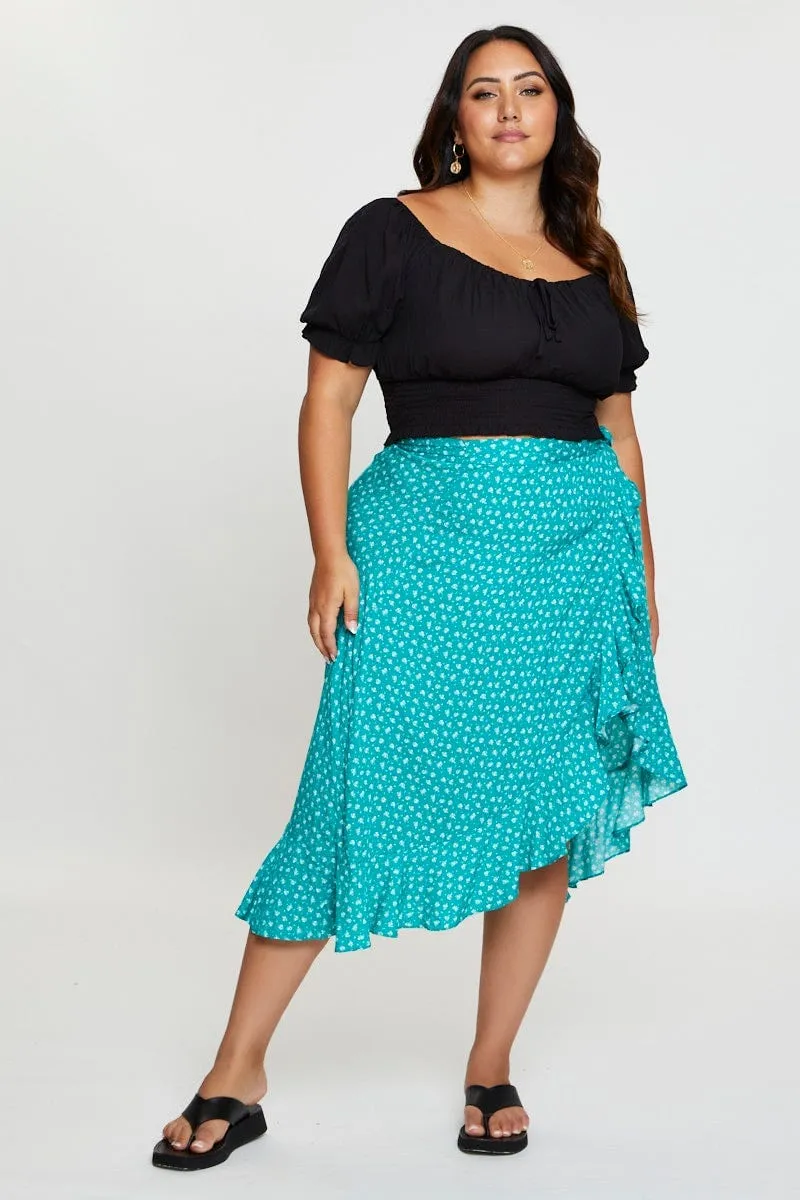 Floral Print Midi Skirt Ruffle Hem natural fiber