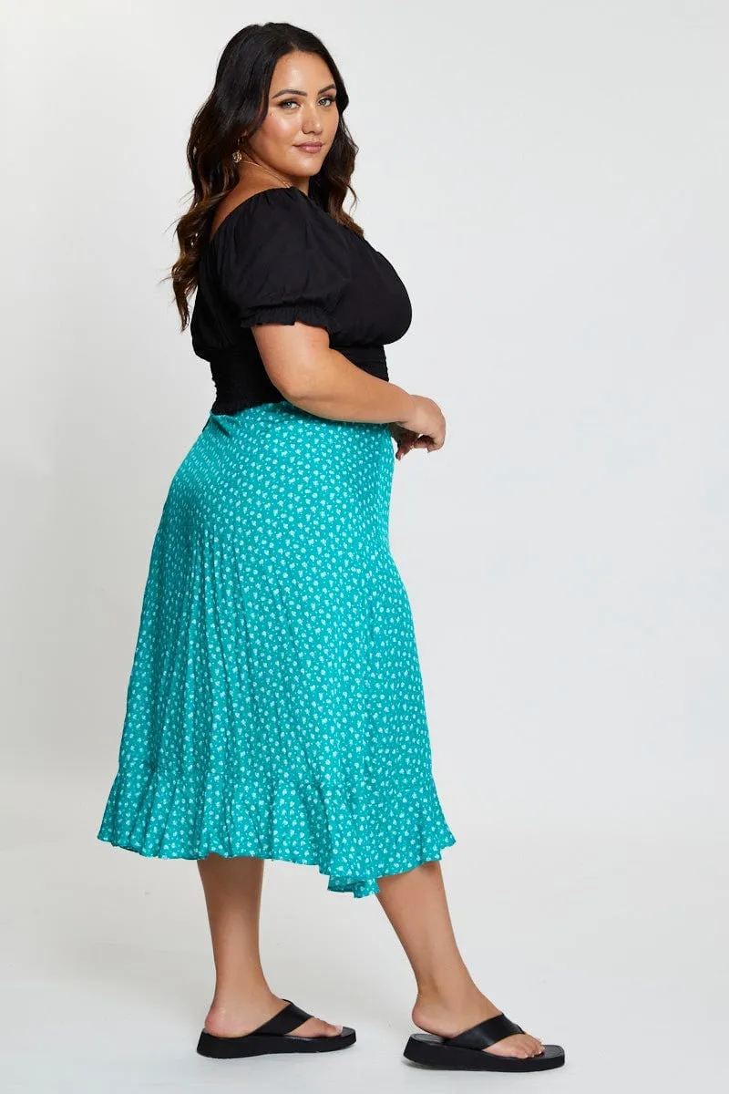 Modest Wear Floral Print Midi Skirt Ruffle Hem