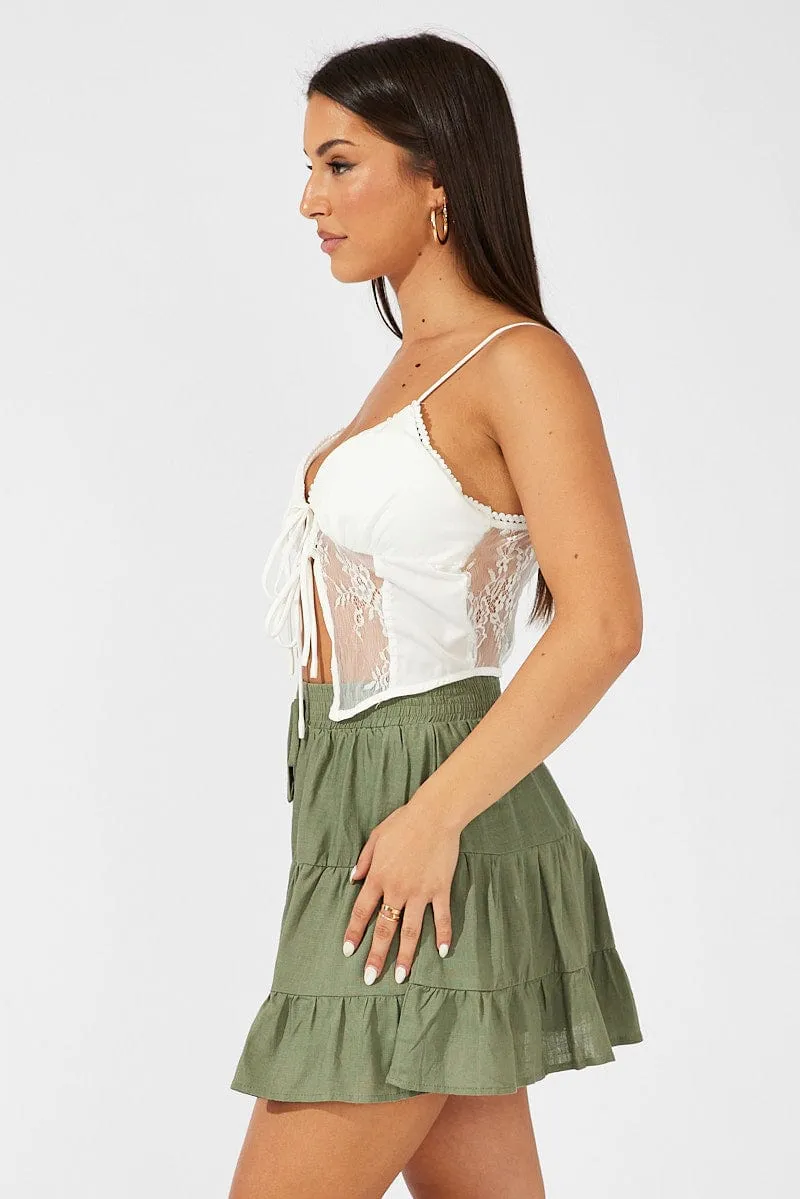Green Skater Skirt Mini Linen Blend Minimalist Layering