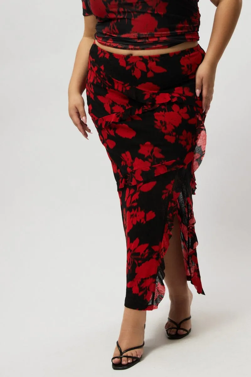Red Abstract Stretch Frill Printed Maxi Skirt Weekend Vibes Minimalist fashion