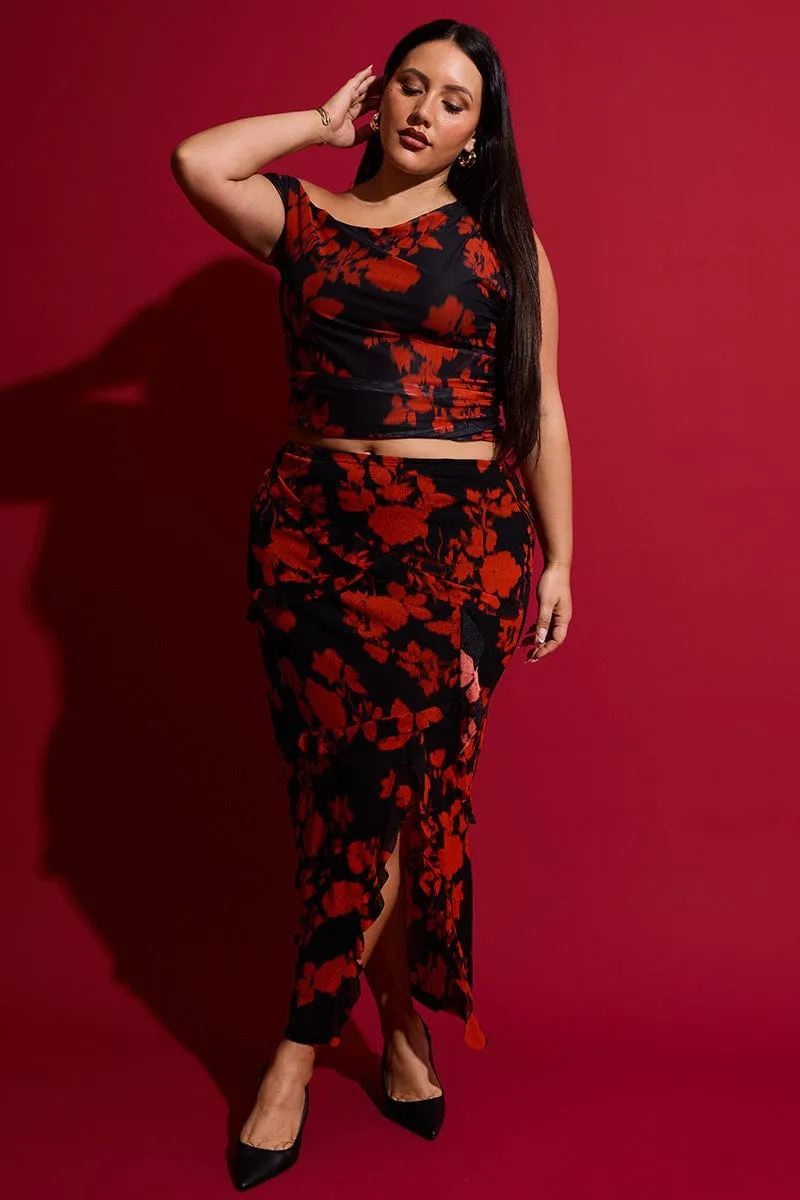 Red Abstract Stretch Frill Printed Maxi Skirt Casual Comfort