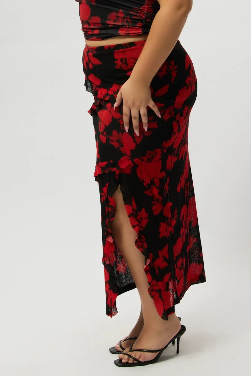 Refined Finish Red Abstract Stretch Frill Printed Maxi Skirt