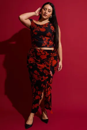 Red Abstract Stretch Frill Printed Maxi Skirt Casual Comfort