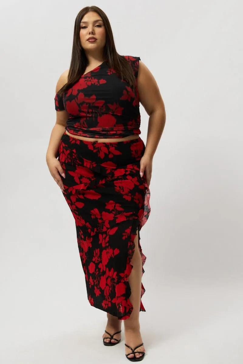 flared silhouette Red Abstract Stretch Frill Printed Maxi Skirt
