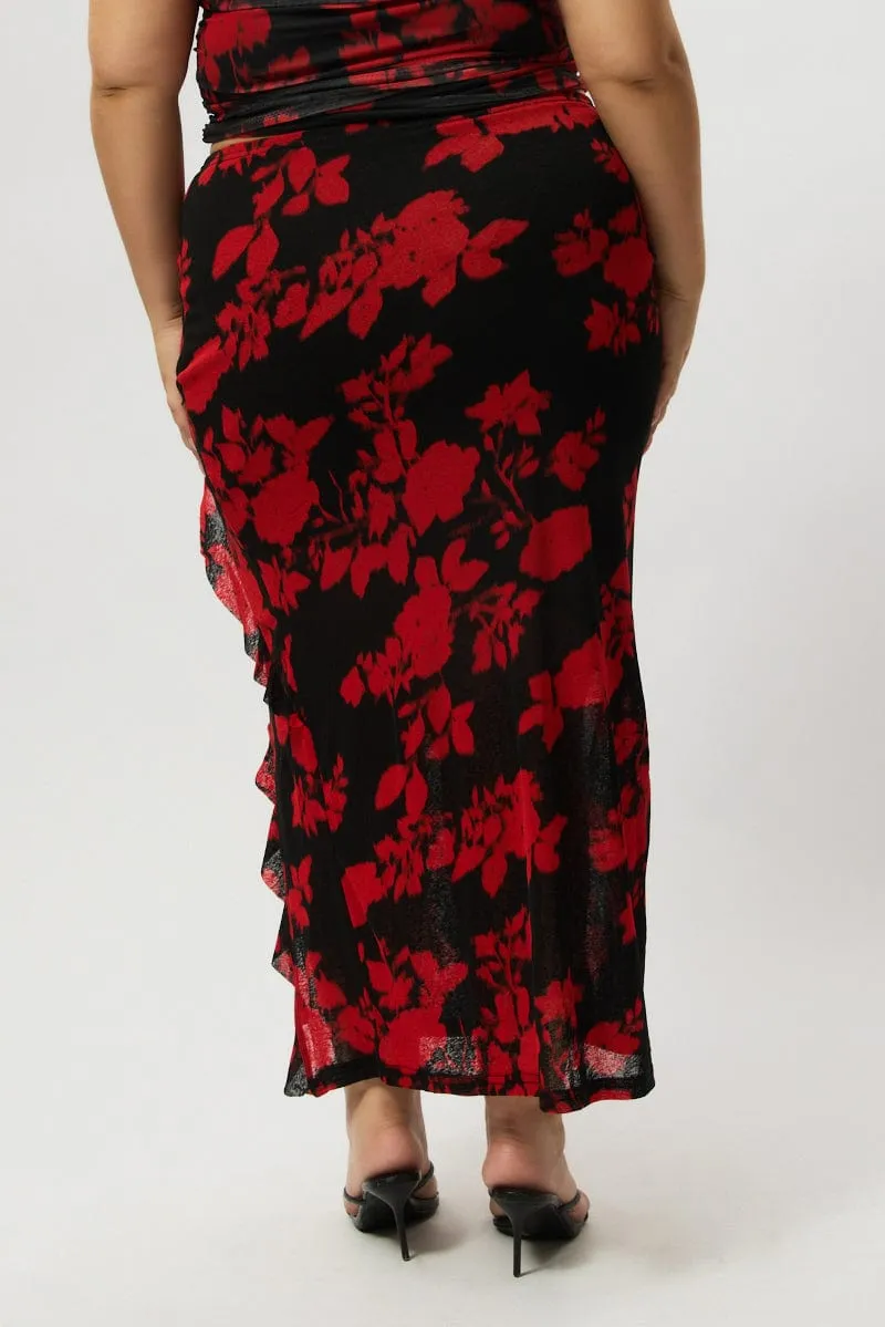 Red Abstract Stretch Frill Printed Maxi Skirt Functional Look