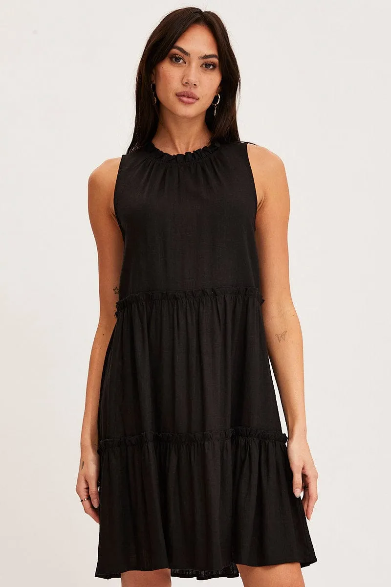 Casual Day Out Simple Style Black Mini Dress Sleeveless Round Neck