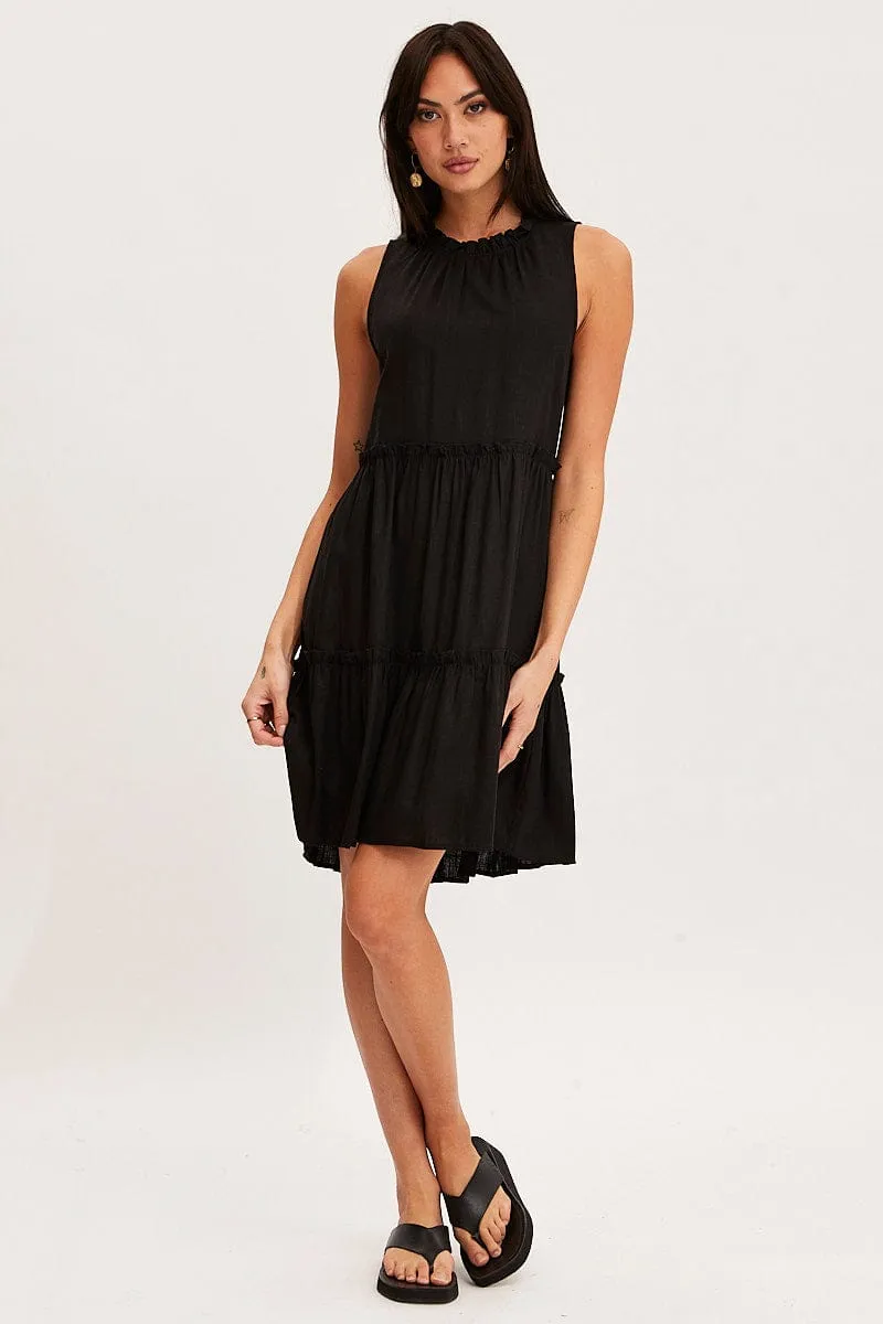 Trendy Mood Reinforced Stitching Black Mini Dress Sleeveless Round Neck