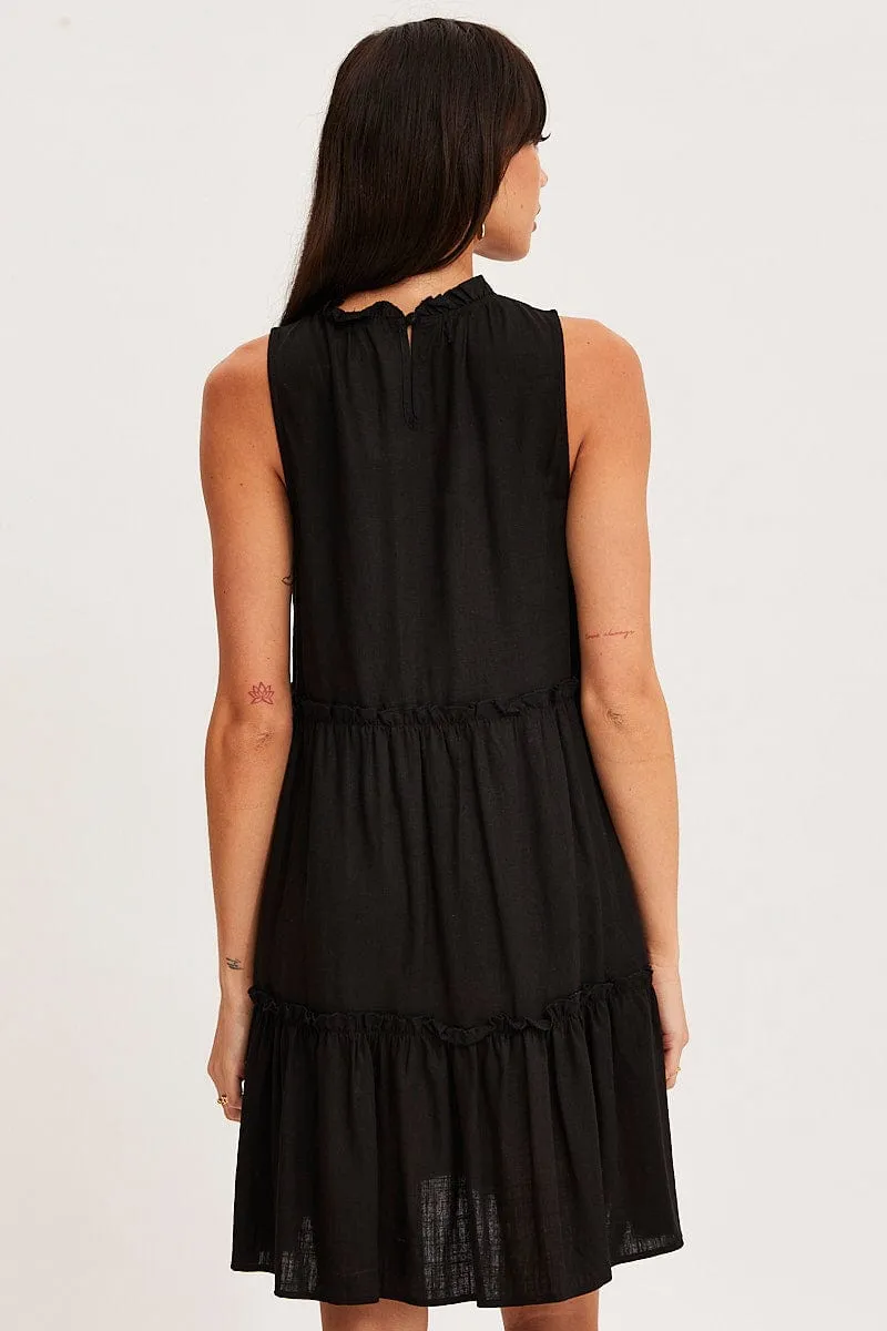 Black Mini Dress Sleeveless Round Neck Trend Warm Stylish Silhouette