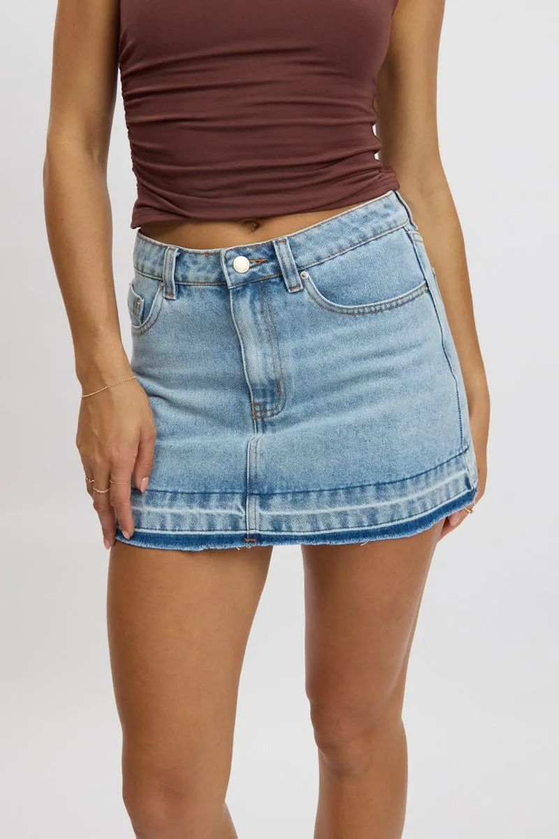 understated look Layered Style Denim Mini Skirt Mid Rise Let down Hem