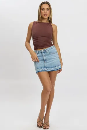 Denim Mini Skirt Mid Rise Let down Hem Subtle Detail