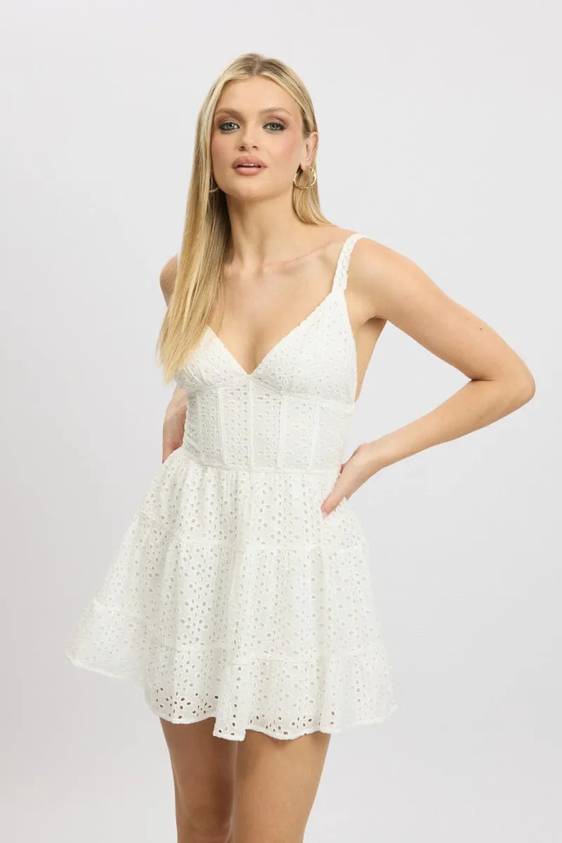 Street Ready Stylish mini for brunch White Fit And Flare Dress Mini Eyelet Fabric