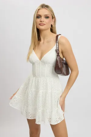 White Fit And Flare Dress Mini Eyelet Fabric Sleek Silhouette Soft Touch