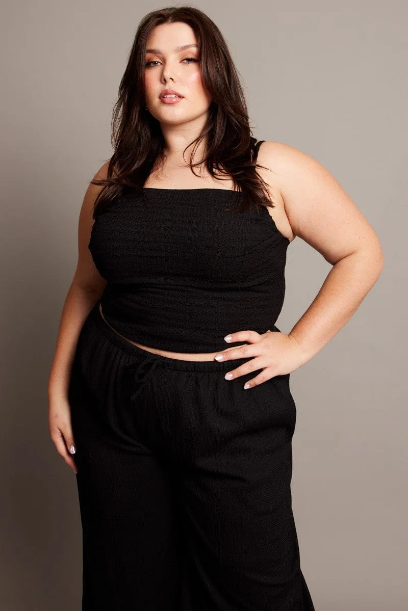 WrinkleResistantFabric SlipResistantHem Black Cami Top Sleeveless Cowl Neck Textured