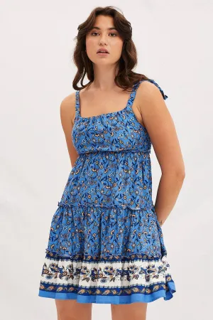 Boho Print Square Neck Mini Skater Dress HighElasticity Fiber Casual Polo
