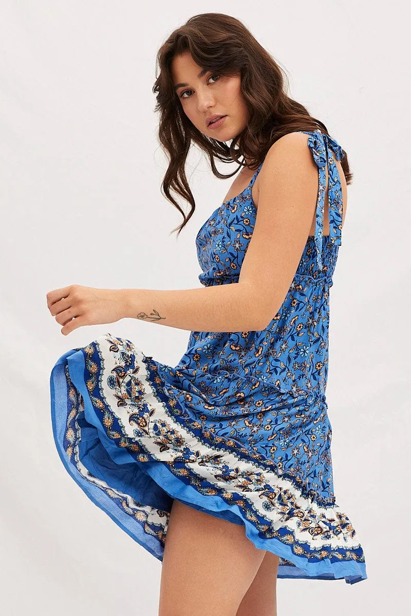 UV Protection Boho Print Square Neck Mini Skater Dress