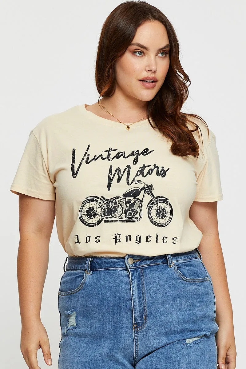 Beige Graphic T-shirt Vintage Motors Short Sleeve Cotton Active Comfort