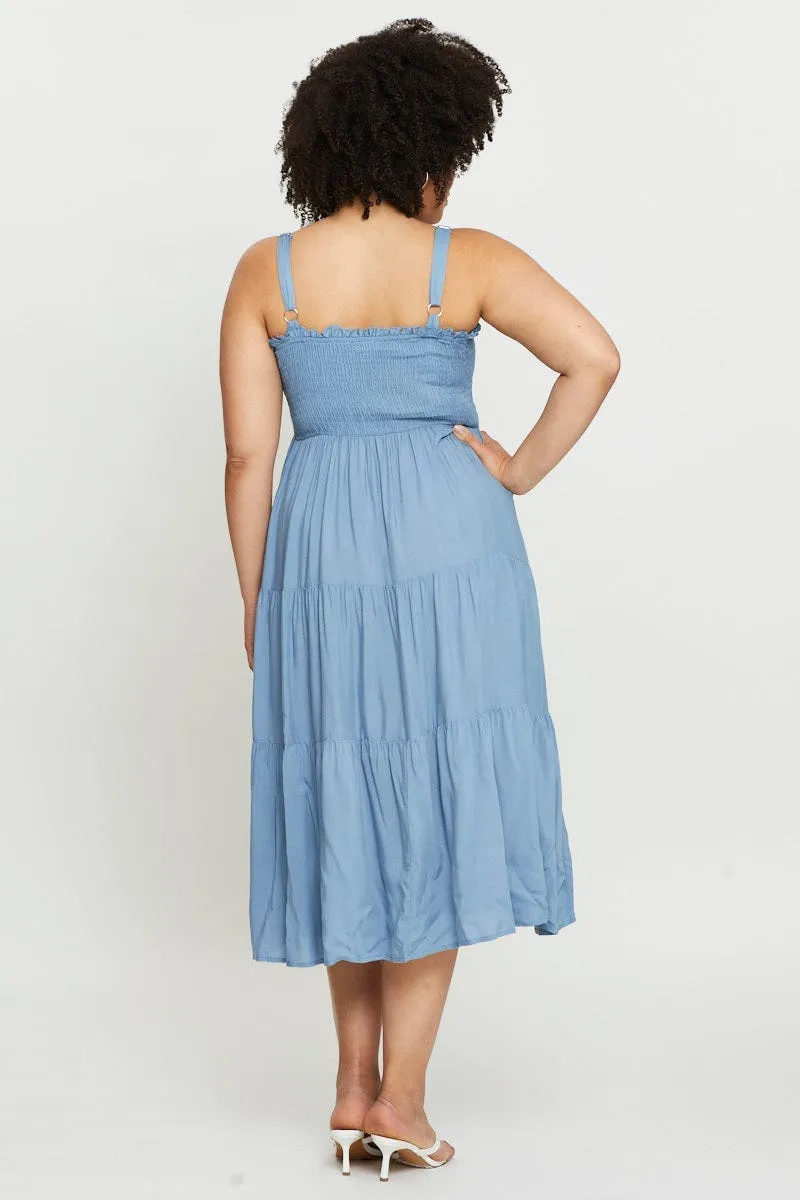London Girl Cozy Elegance Blue Midi Dress Square Neck Sleeveless
