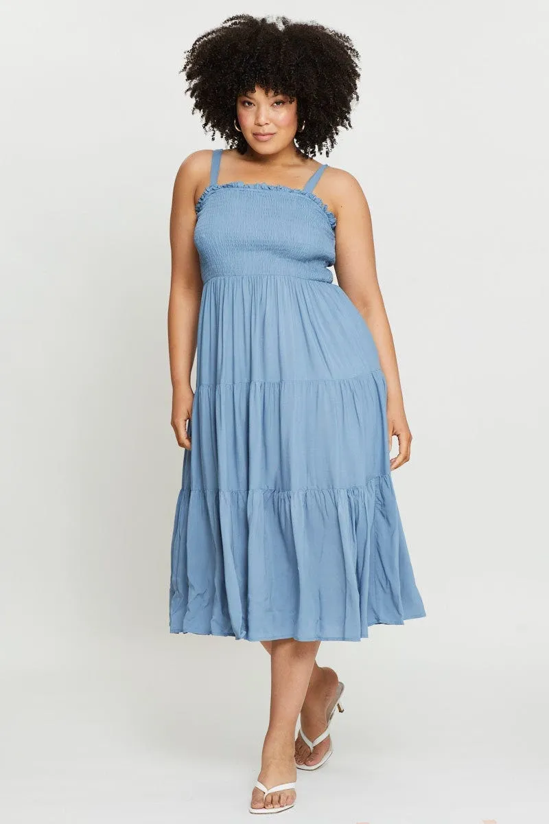 Blue Midi Dress Square Neck Sleeveless Polished Ease Quick Ready