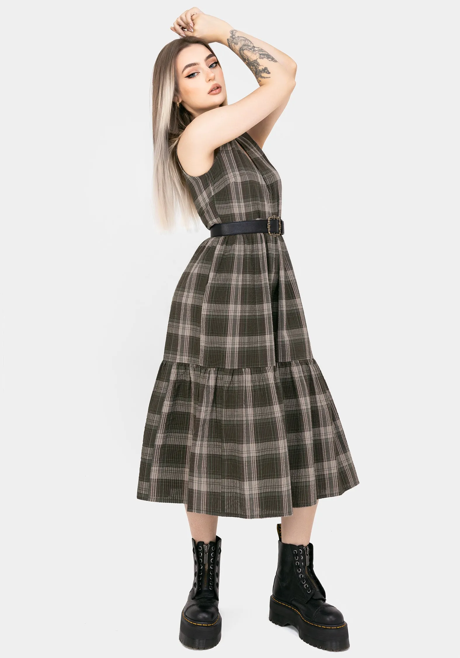Clara Cotton Check Sleeveless Tiered Smock Midi Dress Relaxed summer midi