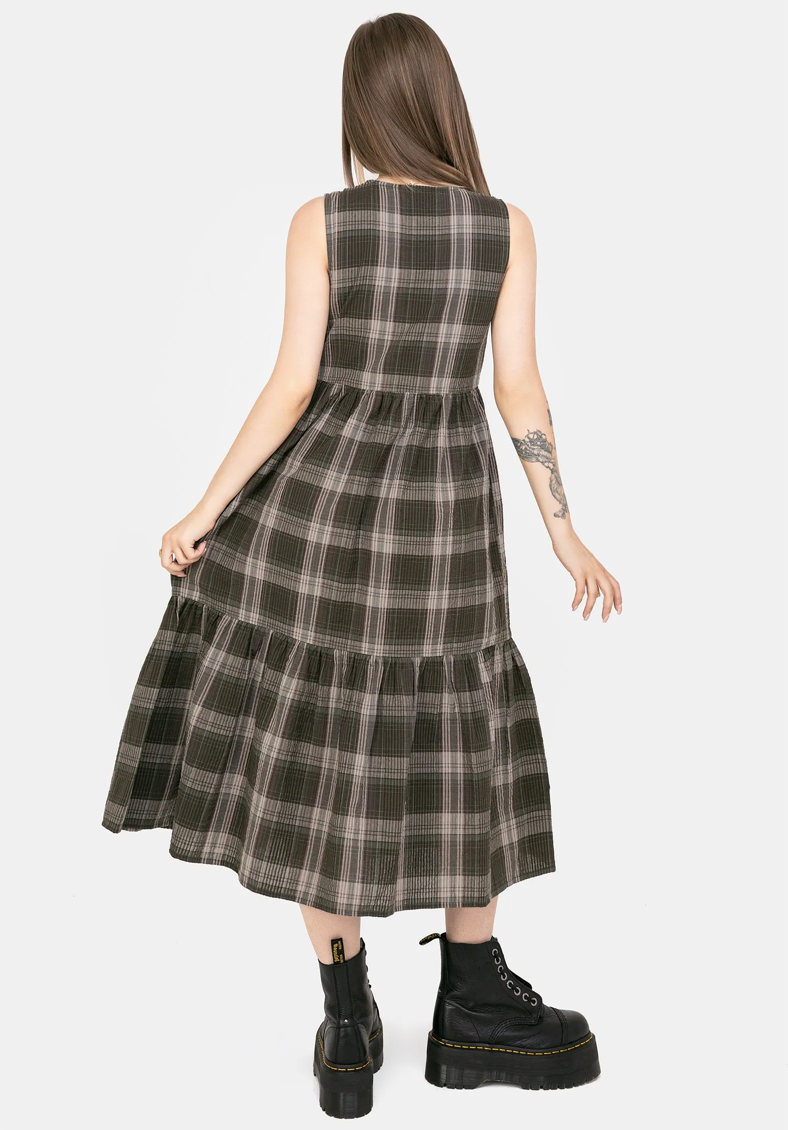 Storm Sky Day-to-night versatile dress Clara Cotton Check Sleeveless Tiered Smock Midi Dress