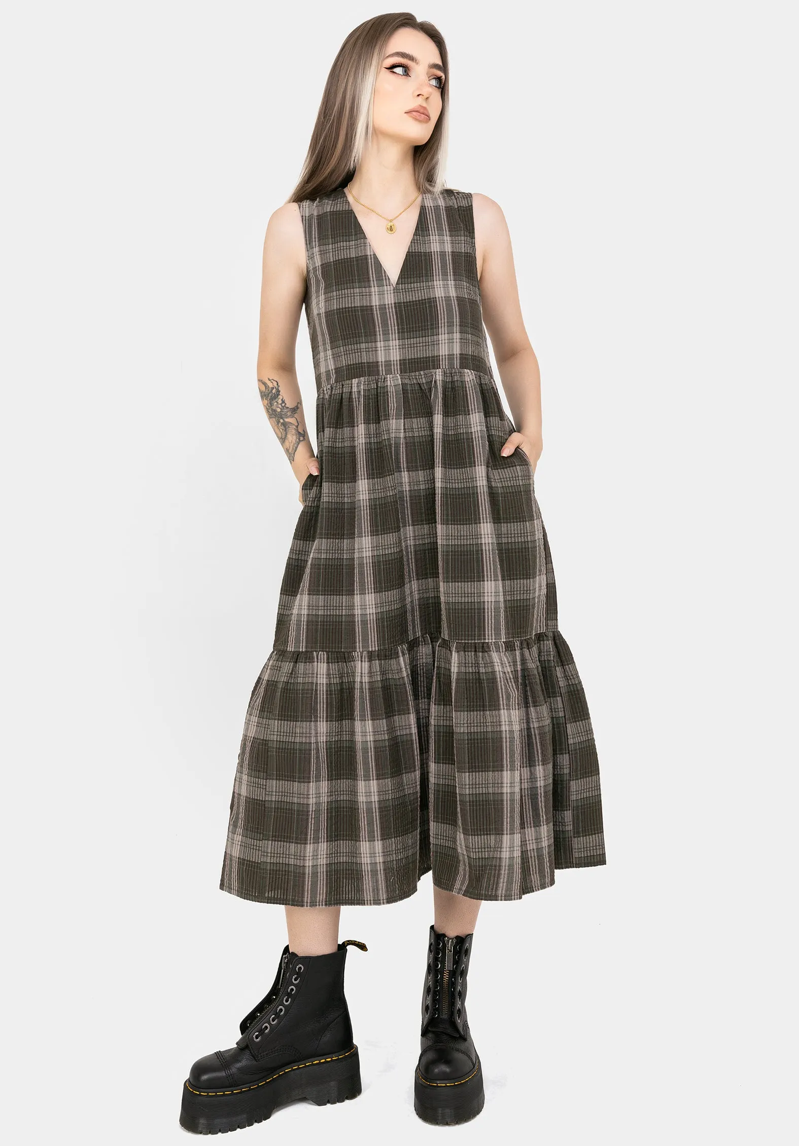 Any Season Clara Cotton Check Sleeveless Tiered Smock Midi Dress