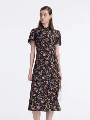 Mulberry Silk Slit Rose Print Women Qipao Midi Dress Smart Appearance