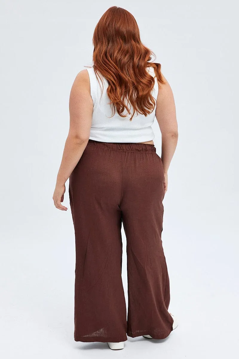 Flexible Knee Articulation Brown Wide Leg Pants Elastic Waist