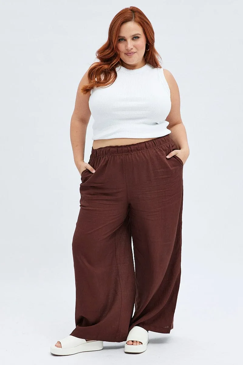 Brown Wide Leg Pants Elastic Waist RegularFit