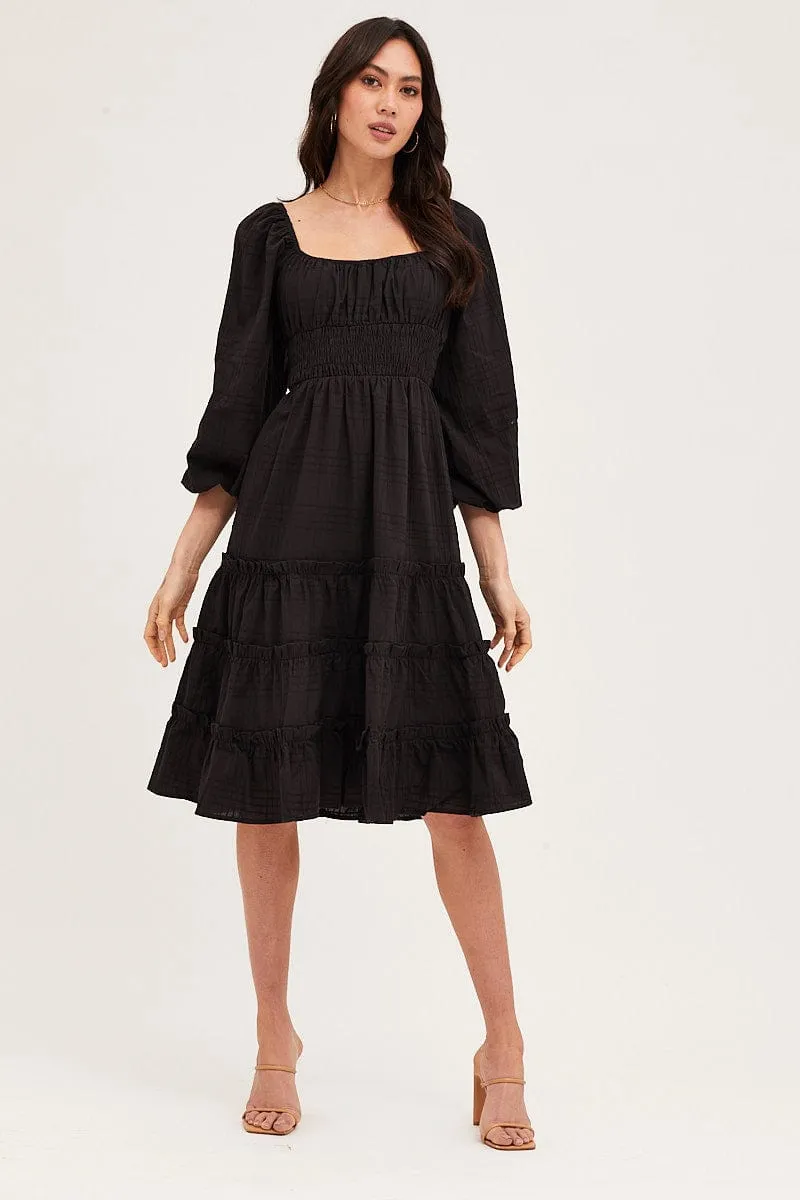 Boho Spirit Black Ruffle Midi Dress