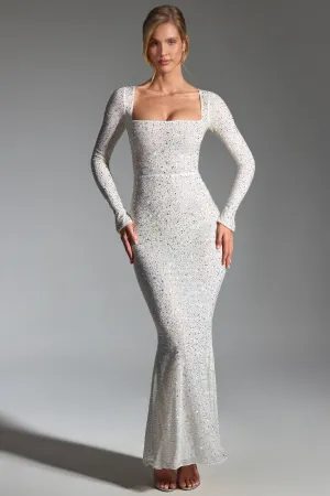 Noon Light Embellished Fishtail Maxi Dress in White
