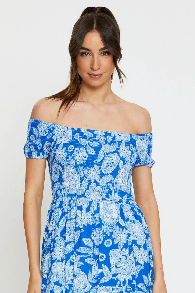 Print Maxi Dress Off Shoulder Evening Shimmer Sky
