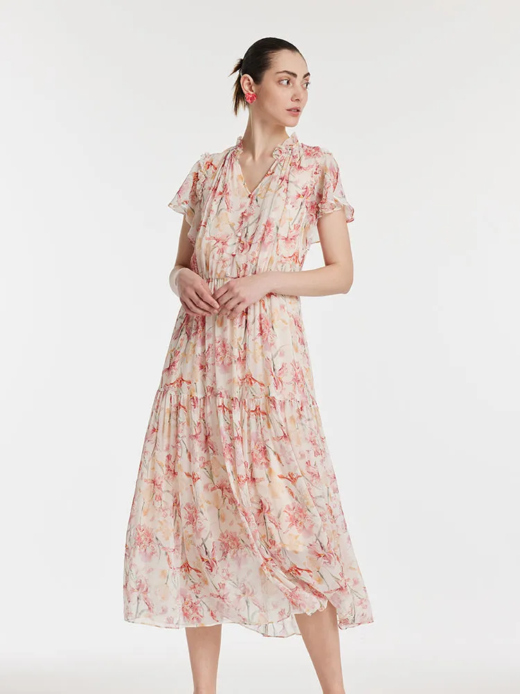 Gold Hour Mesh Breeze 10 Momme Mulberry Silk Iris Print V-Neck Ruffle Sleeves Women Maxi Dress