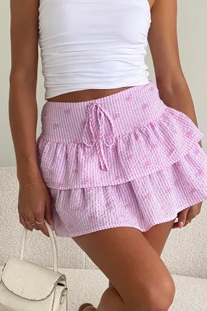 High End Quality Crisp Edge Pink Stripe Ruffle Mini Skirt High Rise Shirred Back Tiered