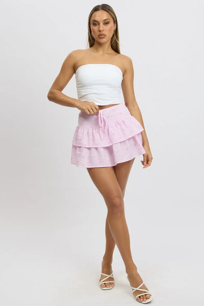 Pink Stripe Ruffle Mini Skirt High Rise Shirred Back Tiered Seasonal special