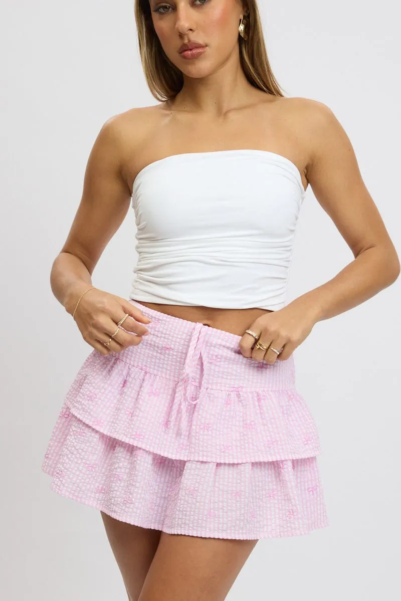 Pink Stripe Ruffle Mini Skirt High Rise Shirred Back Tiered Fresh Texture