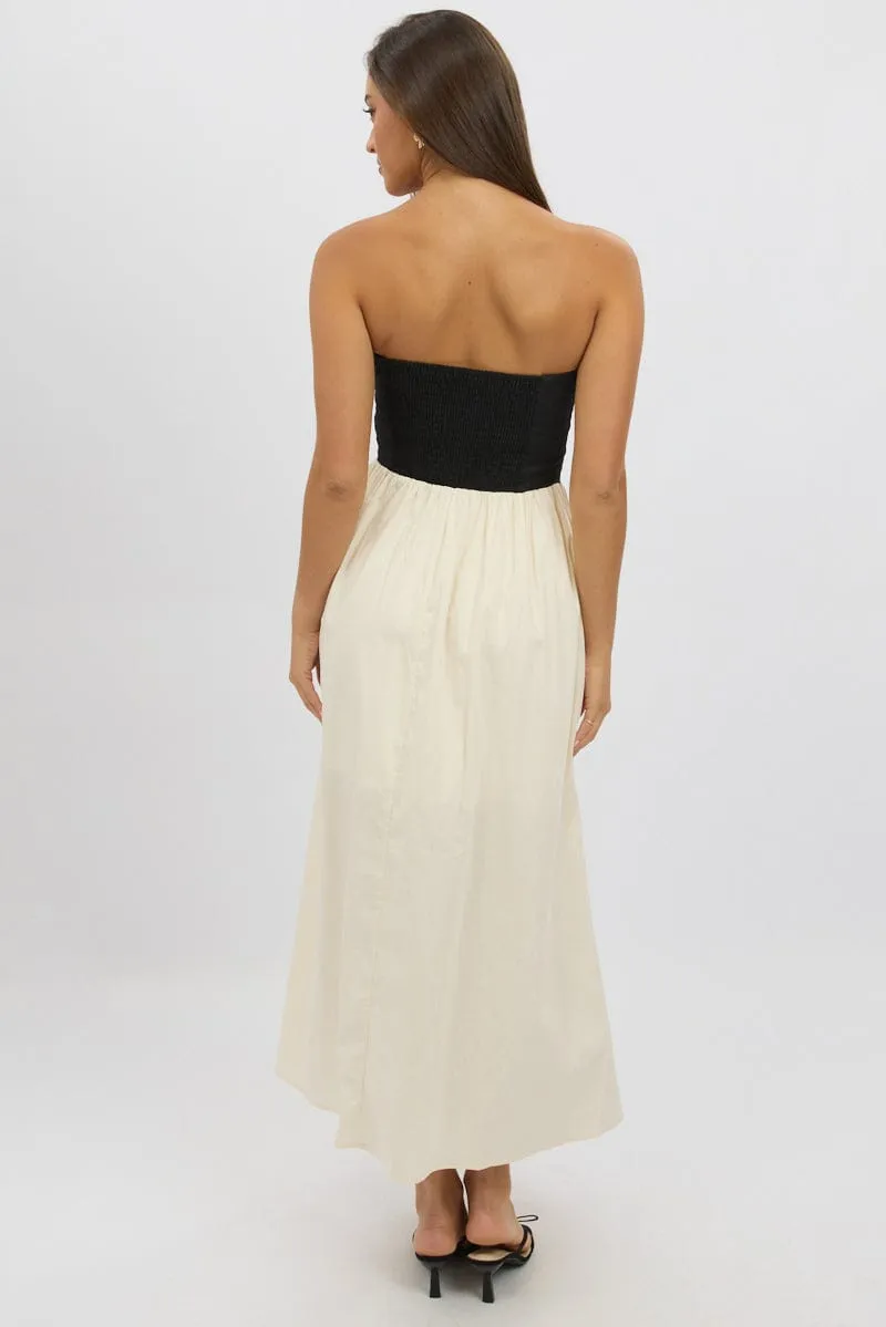 Elegant formal maxi Evening Gold Beige Strapless Maxi Dress Colour Block