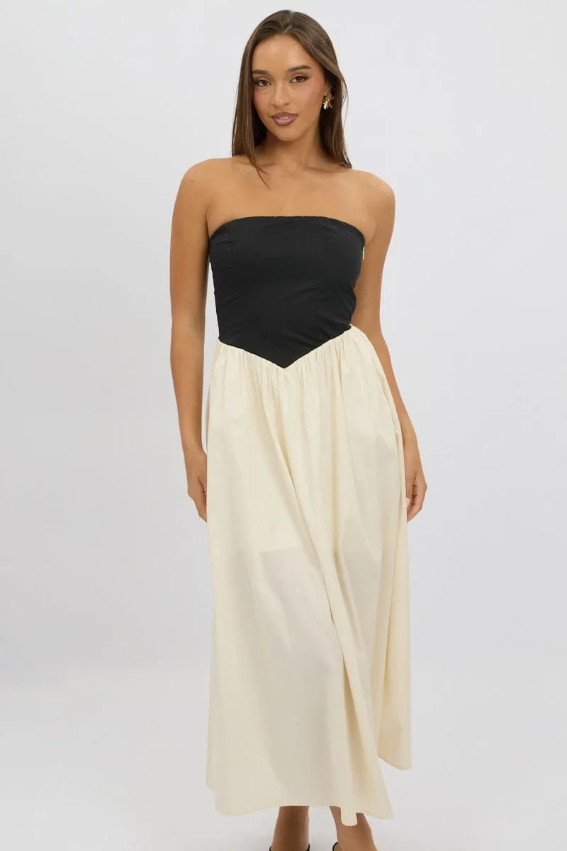 Beige Strapless Maxi Dress Colour Block Romantic evening dress