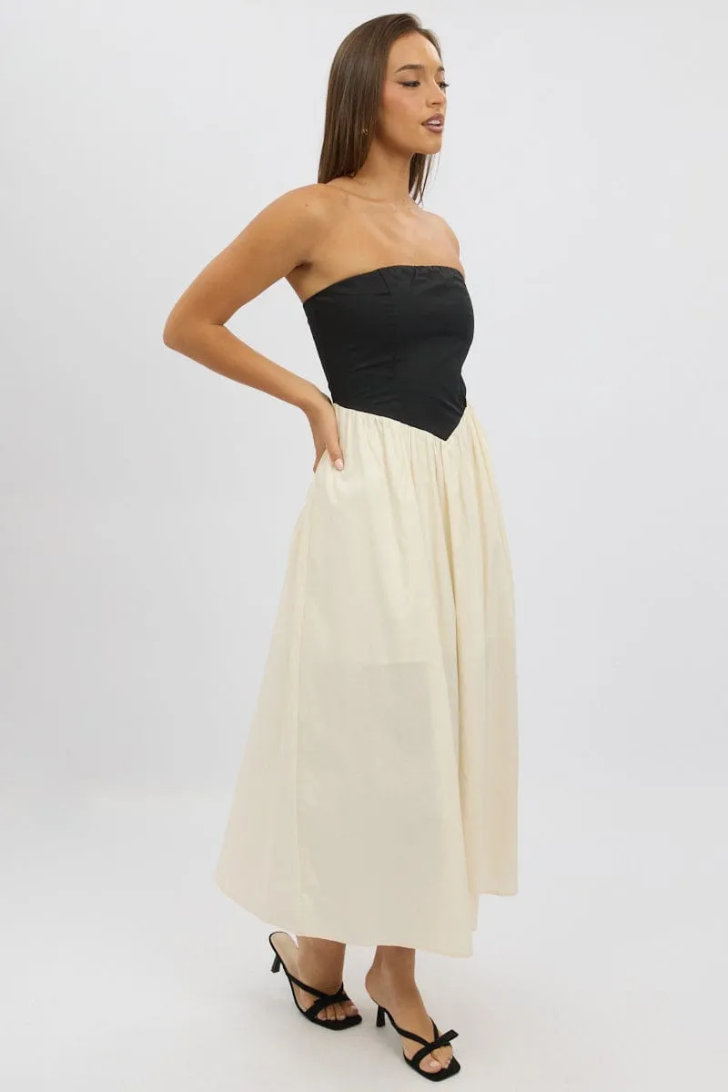 Fur Trim Onyx Shine Beige Strapless Maxi Dress Colour Block