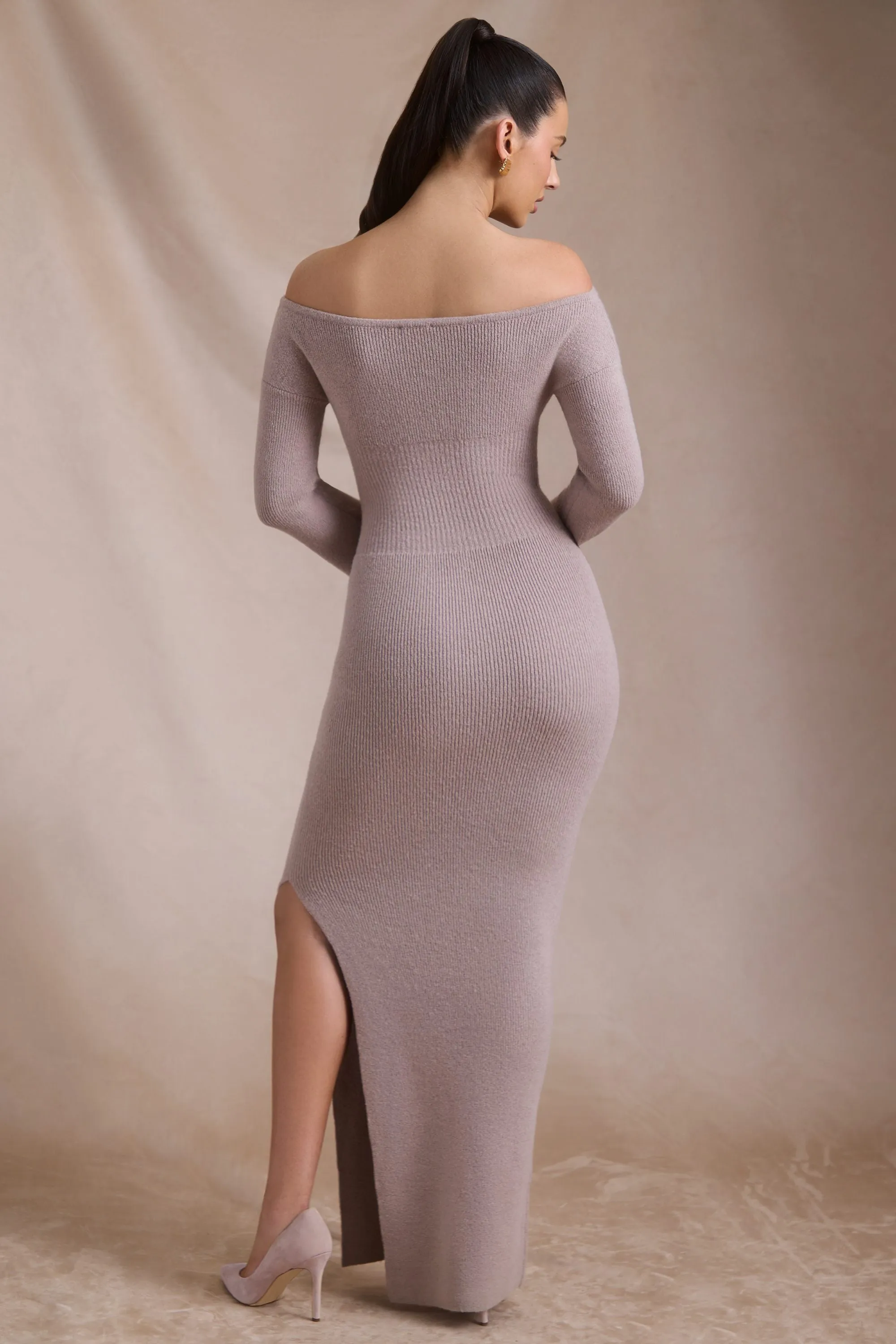 Ribbed-Knit Off-Shoulder Maxi Dress in Taupe The flowing nature of this maxi dress ensures that you can move freely without sacrificing style