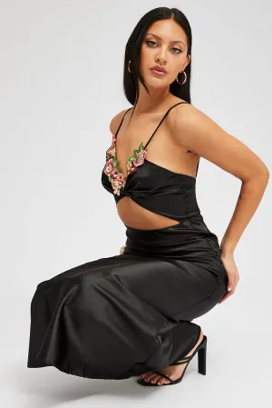 Black Maxi Dress Satin Flower Embroidery Applique Classic sleeveless floor dress Wool Soft