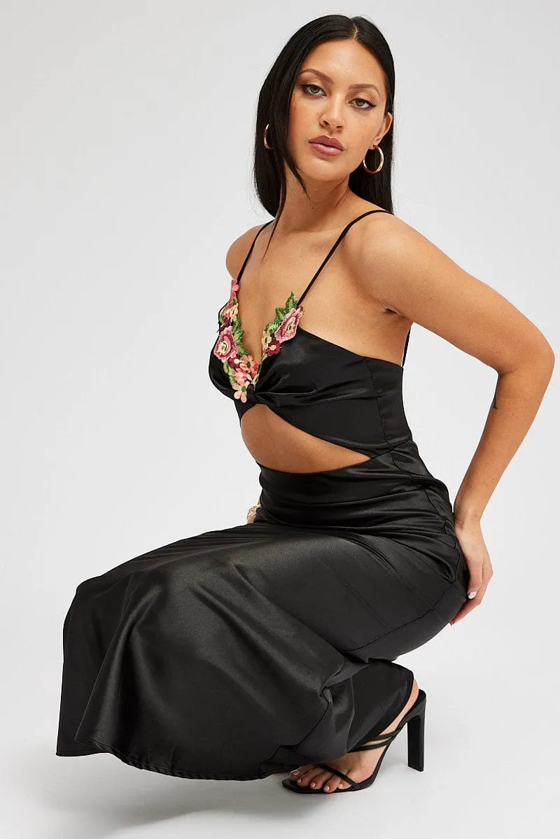 Black Maxi Dress Satin Flower Embroidery Applique Classic sleeveless floor dress Wool Soft
