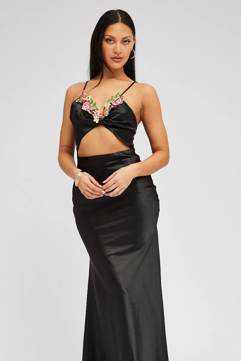 Fur Trim Black Maxi Dress Satin Flower Embroidery Applique