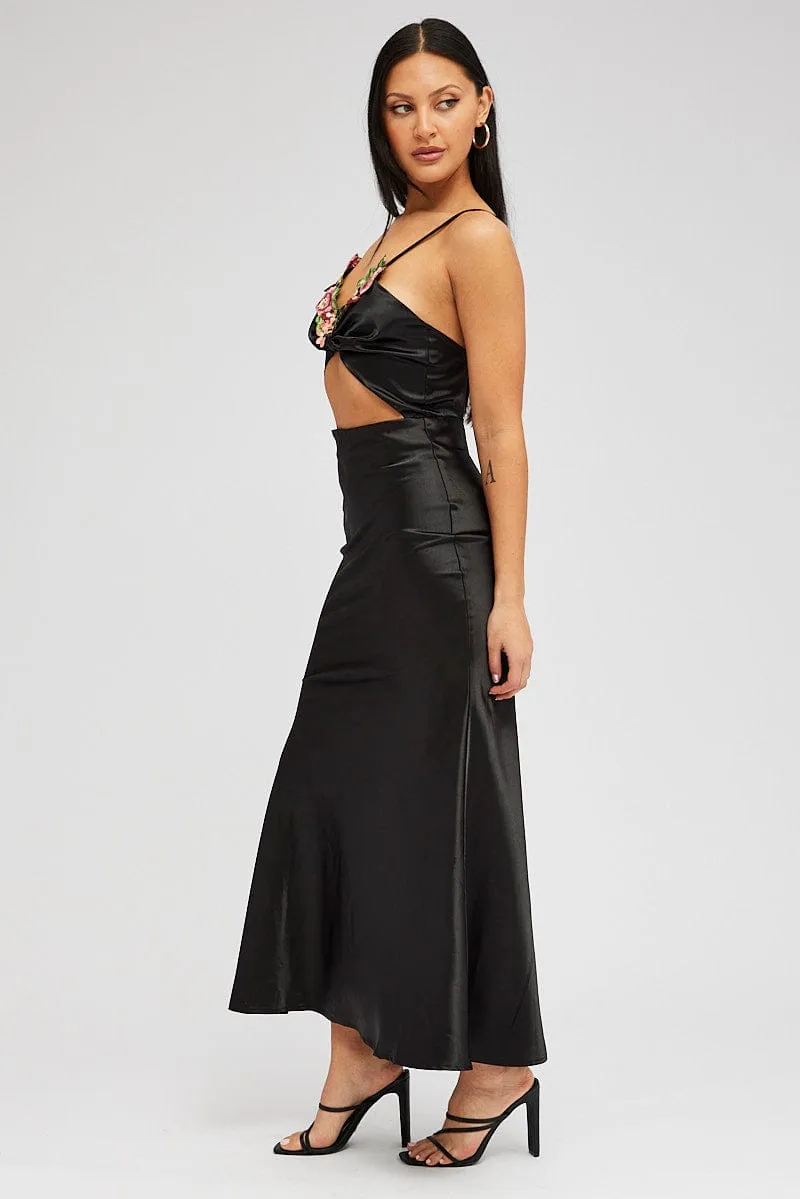 Black Maxi Dress Satin Flower Embroidery Applique Heat Air Tile Glow