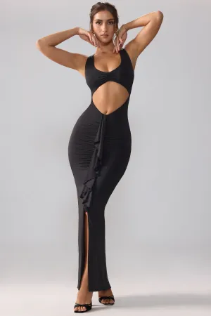 Luxurious evening party dress Day-to-evening wear Slinky Jersey Cut Out Ruffle Racerback Maxi Dress in Black