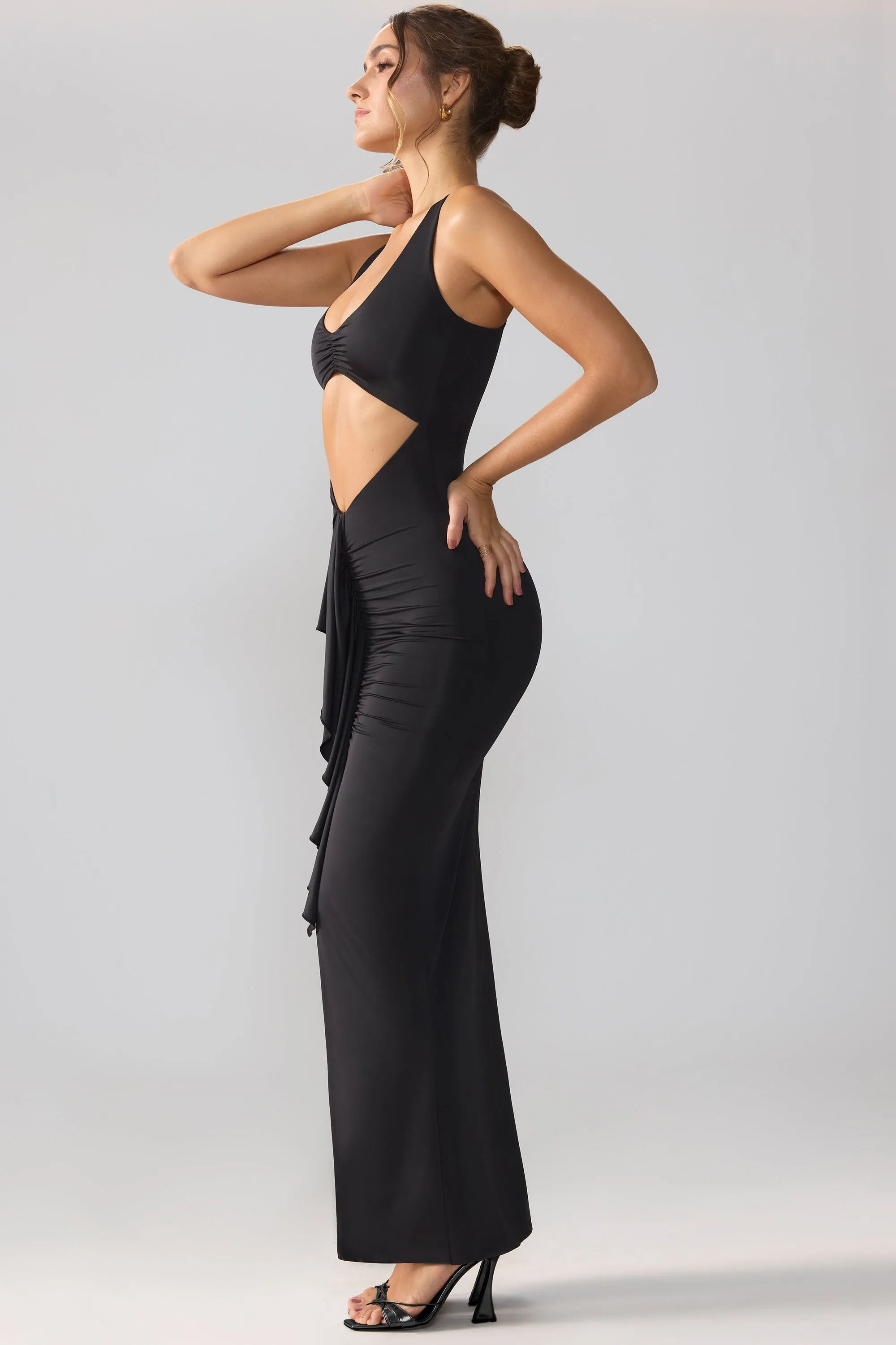 Slinky Jersey Cut Out Ruffle Racerback Maxi Dress in Black Sunshine Hour Town Glow