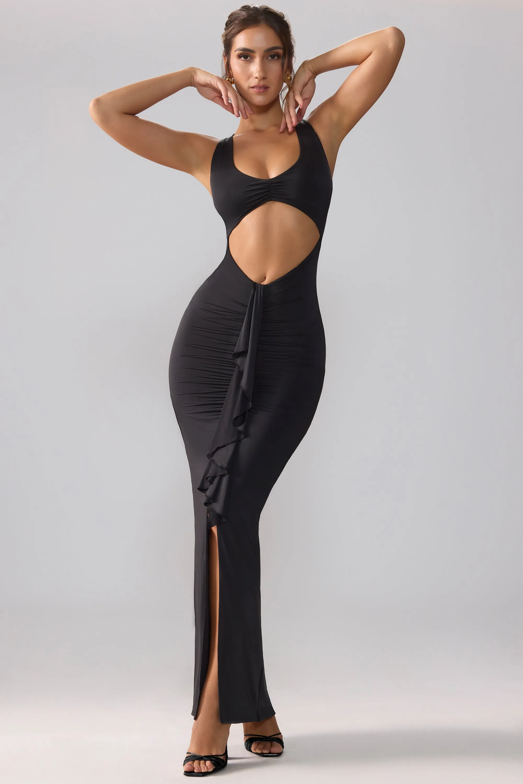 Luxurious evening party dress Day-to-evening wear Slinky Jersey Cut Out Ruffle Racerback Maxi Dress in Black