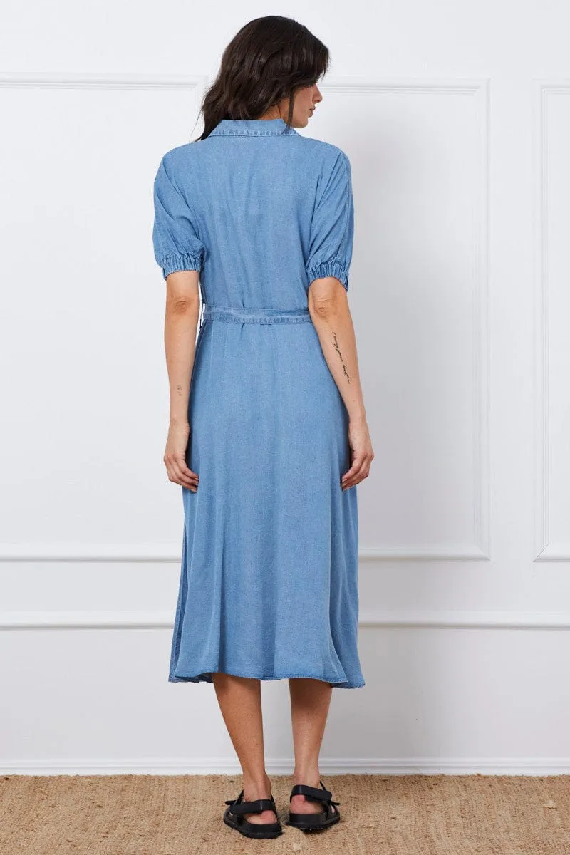 With its simple and clean design this dress makes a chic statement wherever you go Blue A Line Dress Short Sleeve Maxi